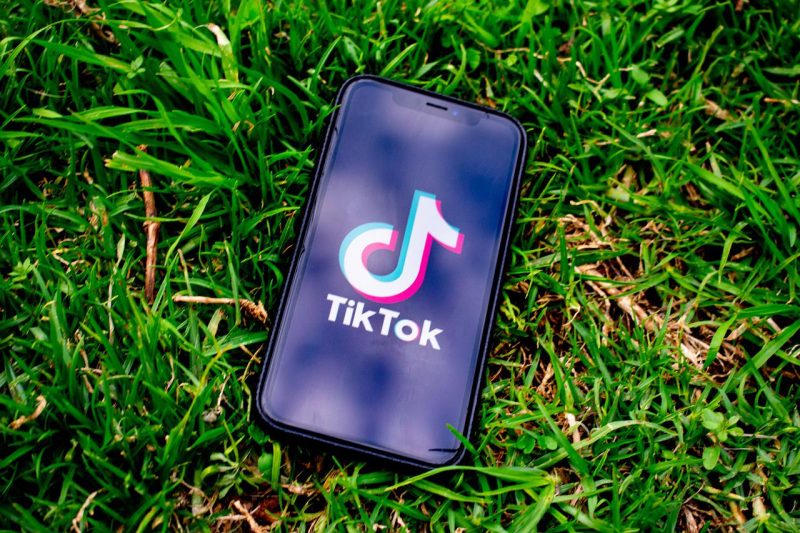 smartphone sur tiktok posé dans l'herbe