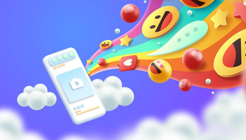 illustration d'un smartphone au milieu des nuages avec arc en ciel d'emojis