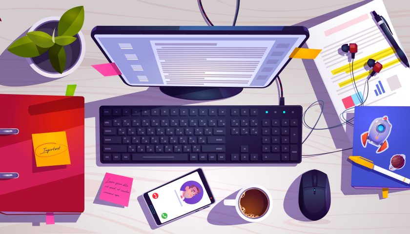 illustration bureau avec pc vu de dessus